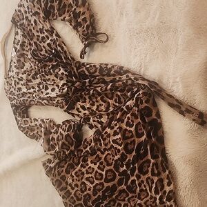 New Hot In Hollywood Leopard Split Sleeve Surplice Faux Wrap Top Maxi Dress XS